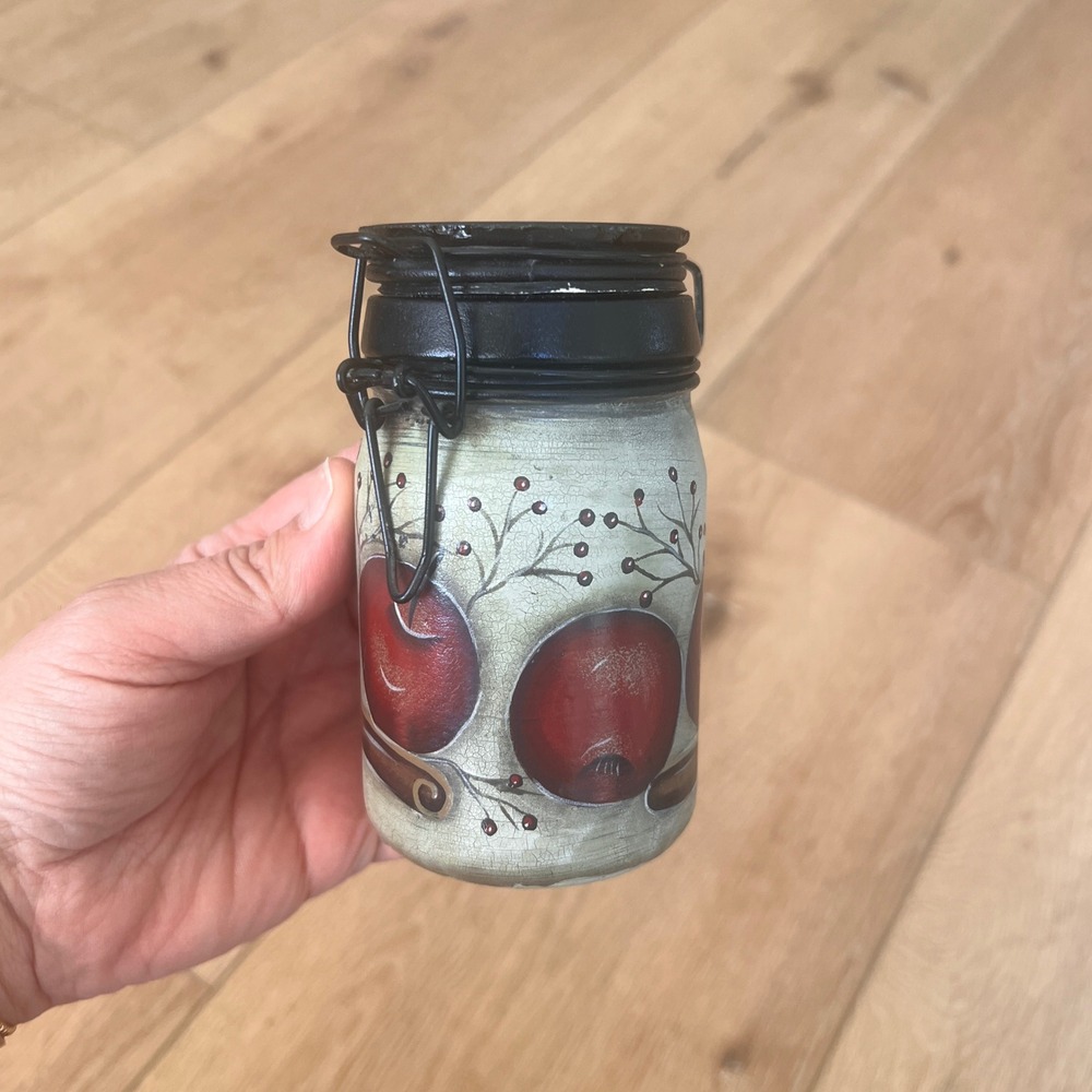 Primitive Folk Art Hand Painted Apple Spice Jar Wire Bale Lid Rustic Farmhouse